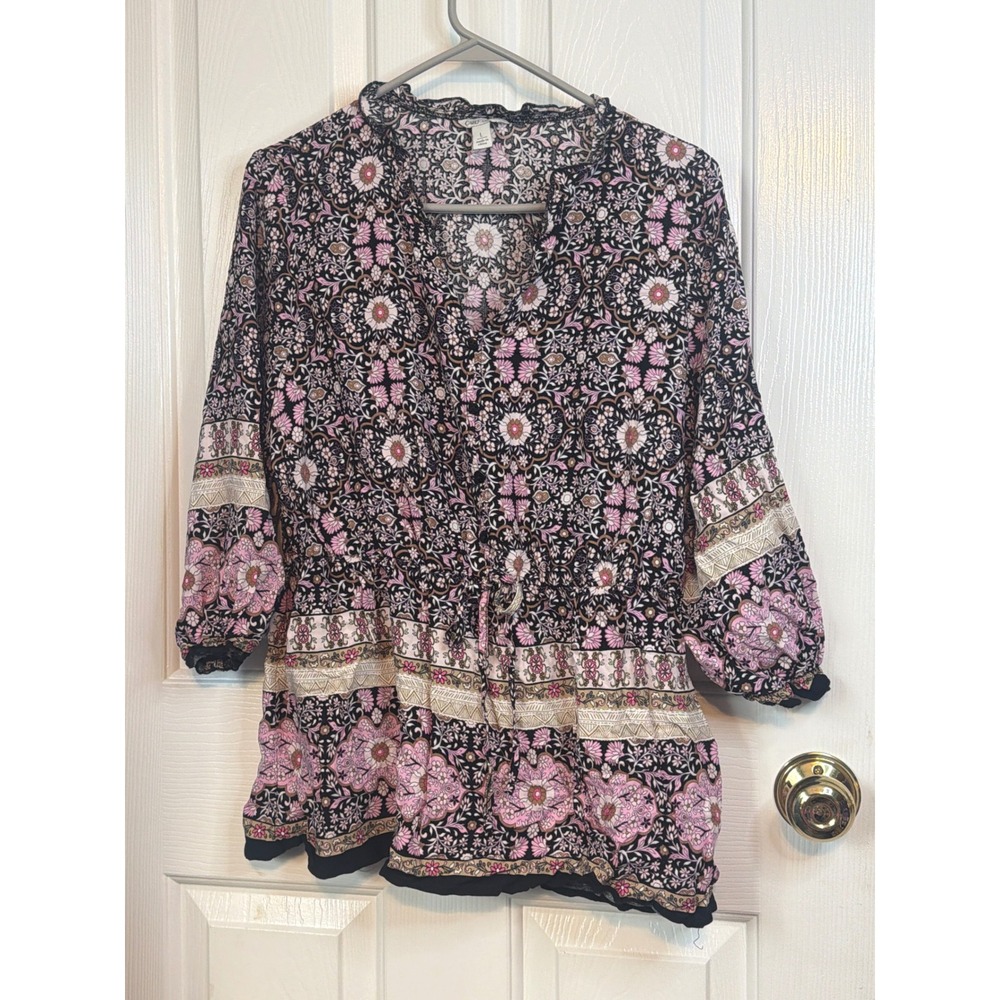 Cato Womens Pink Black Floral Drawstring Waist Boho Blouse Top Large